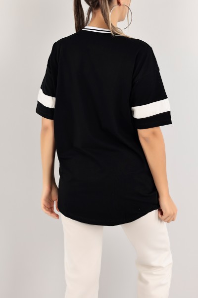 Siyah Yaka Ribanalı Oversize Bayan Tişört 121780