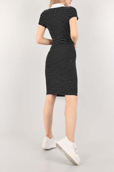 Siyah Yakalı Çizgi Tasarım Elbise 109226