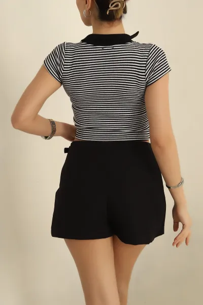 Siyah Yakalı Çizgili Bluz 252431