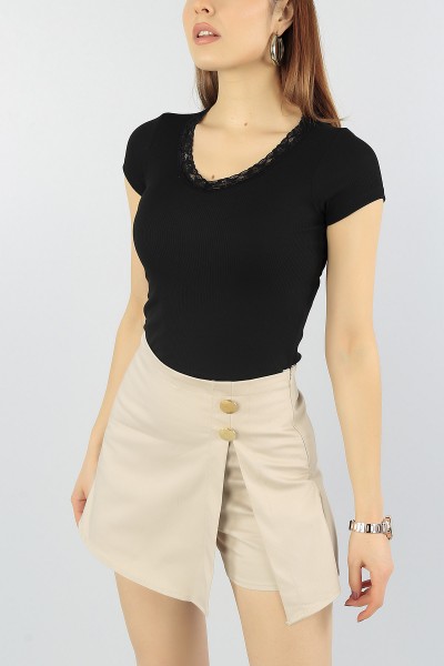 Siyah Yakası Dantelli Bayan Likralı Crop 56778