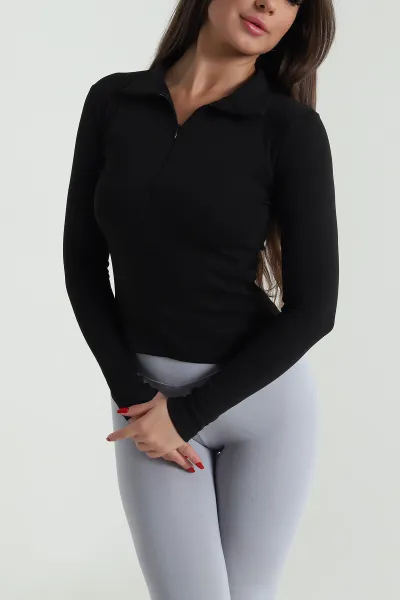 Siyah Yakası Fermuarlı Kadın Body Bluz 489991