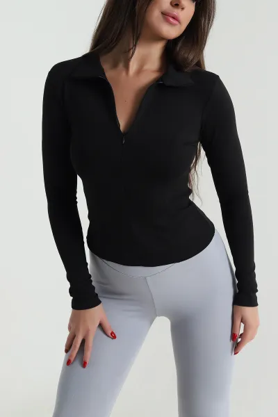 Siyah Yakası Fermuarlı Kadın Body Bluz 489991