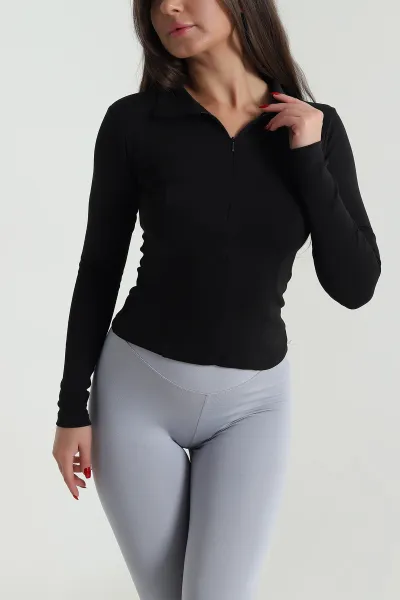 Siyah Yakası Fermuarlı Kadın Body Bluz 489991