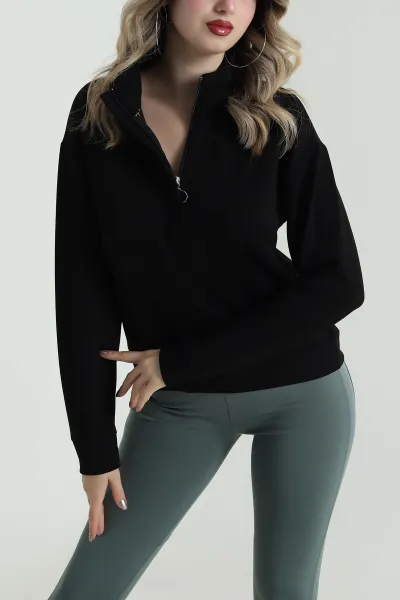 Siyah Yakası Fermuarlı Modal Kadın Sweat 488253