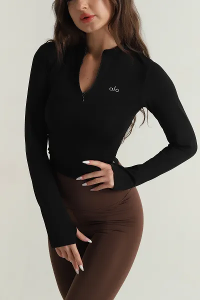 Siyah Yakası Fermuarlı Scuba Kadın Body Bluz 404039