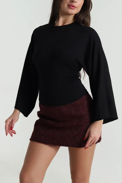 Siyah Yanı Büzgülü Modal Kadın Bluz 491258