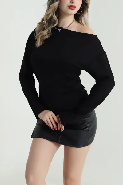 Siyah Yanı Büzgülü Modal Kadın Bluz 492232