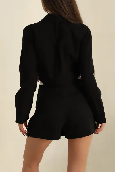 Siyah Yanı Kemerli Poplin Bayan Gömlek 257741