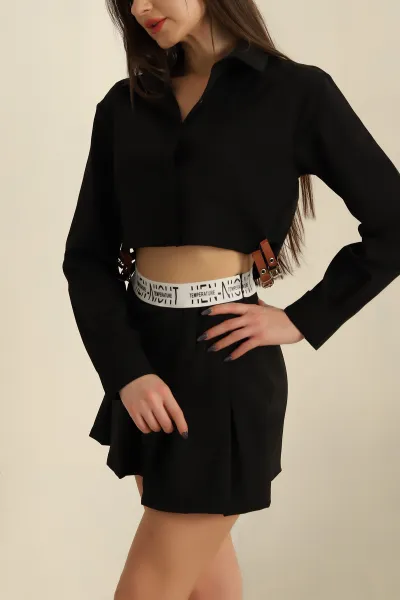 Siyah Yanı Kemerli Poplin Bayan Gömlek 257741