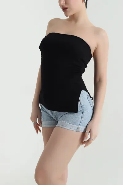 Siyah Yanı Yırtmaçlı Buzzy Kadın Straplez Bluz 448362