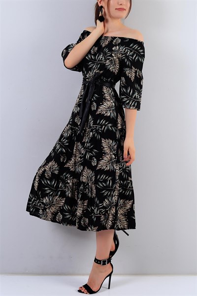 Siyah Yaprak Desenli Bayan Elbise 15826B