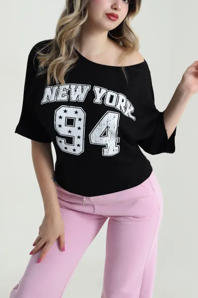 Siyah Yarasa Kol Baskılı Kadın Kristal Bluz 483248