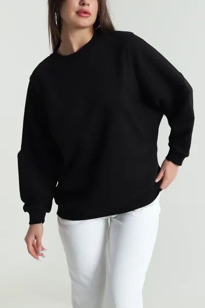 Siyah Yarasa Kol Üç İp Kadın Sweat 484259