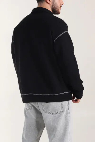 Siyah Yarım Fermuarlı Dik Yaka Dikiş Detaylı Polar Kumaş Erkek Sweatshirt 404320