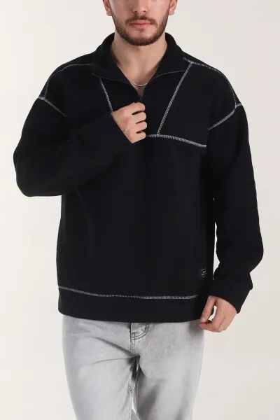 Siyah Yarım Fermuarlı Dik Yaka Dikiş Detaylı Polar Kumaş Erkek Sweatshirt 404320