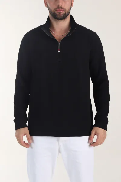 Siyah Yarım Fermuarlı Dik Yaka Dokulu Erkek Sweatshirt 406819