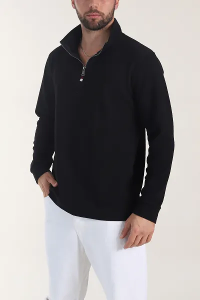 Siyah Yarım Fermuarlı Dik Yaka Dokulu Erkek Sweatshirt 406819