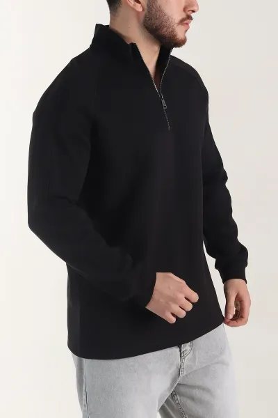 Siyah Yarım Fermuarlı Dik Yaka Erkek Sweatshirt 404801