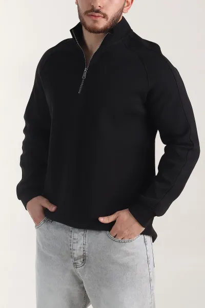 Siyah Yarım Fermuarlı Dik Yaka Erkek Sweatshirt 404801