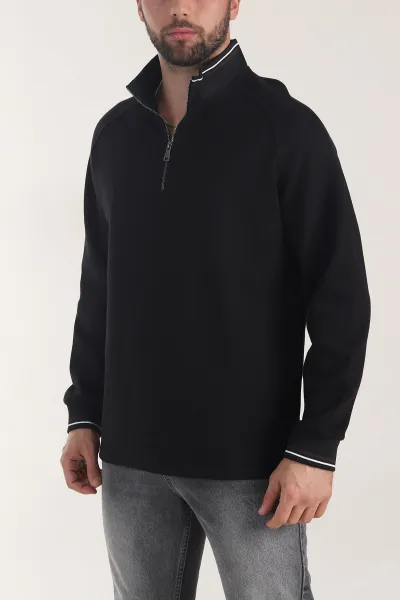 Siyah Yarım Fermuarlı Dik Yaka Erkek Sweatshirt 406950