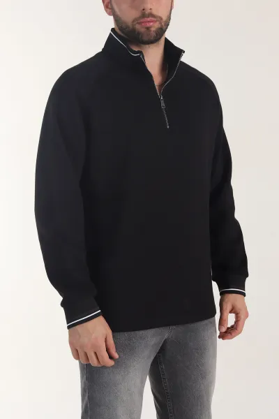Siyah Yarım Fermuarlı Dik Yaka Erkek Sweatshirt 406950