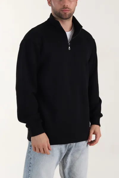 Siyah Yarım Fermuarlı Dik Yaka Erkek Sweatshirt 413424