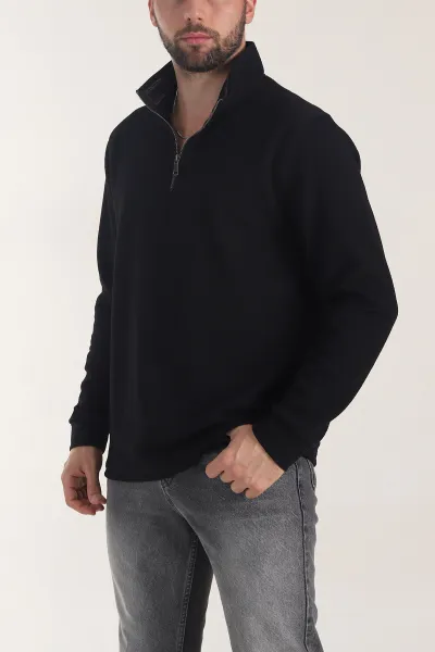 Siyah Yarım Fermuarlı Dokulu Dik Yaka Erkek Sweatshirt 406933