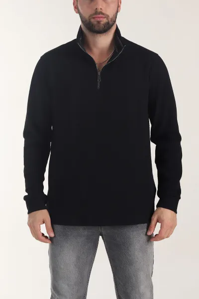 Siyah Yarım Fermuarlı Dokulu Dik Yaka Erkek Sweatshirt 406933