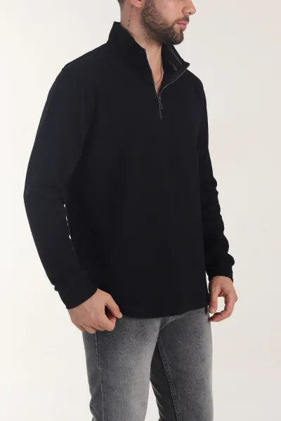 Siyah Yarım Fermuarlı Dokulu Dik Yaka Erkek Sweatshirt 406933