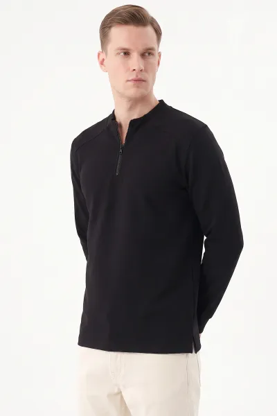 Siyah Yarım Fermuarlı Erkek Sweatshirt 492047