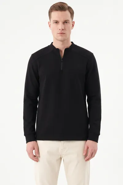 Siyah Yarım Fermuarlı Erkek Sweatshirt 492047