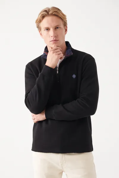 Siyah Yarım Fermuarlı Erkek Sweatshirt 499404