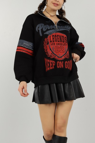 Siyah Yarım Fermuarlı İçi Şardonlu Sweat 144073