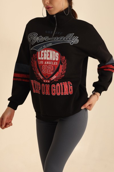 Siyah Yarım Fermuarlı İçi Şardonlu Sweat 218377