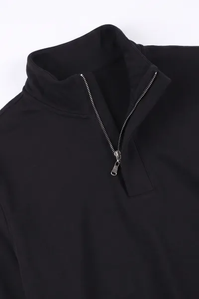 Siyah Yarım Fermuarlı Lastik Detaylı Erkek Sweatshirt 492051