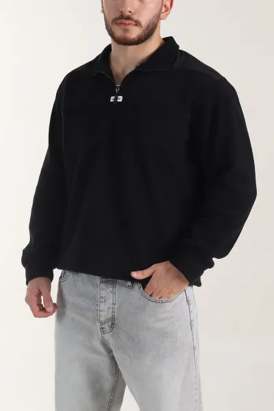 Siyah Yarım Fermuarlı Nakış Detaylı Dik Yaka Polar Kumaş Erkek Sweatshirt 404236