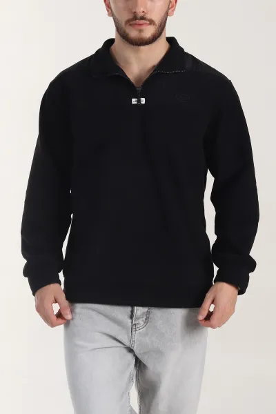 Siyah Yarım Fermuarlı Nakış Detaylı Dik Yaka Polar Kumaş Erkek Sweatshirt 404236