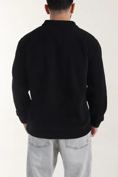 Siyah Yarım Fermuarlı Nakış Detaylı Dik Yaka Polar Kumaş Erkek Sweatshirt 404236