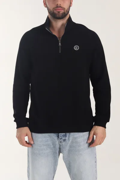 Siyah Yarım Fermuarlı Nakış Detaylı Erkek Sweatshirt 406849