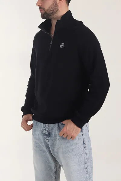 Siyah Yarım Fermuarlı Nakış Detaylı Erkek Sweatshirt 406849