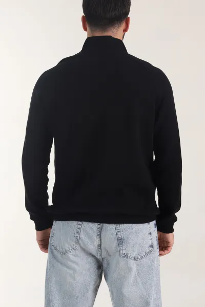 Siyah Yarım Fermuarlı Nakış Detaylı Erkek Sweatshirt 406849
