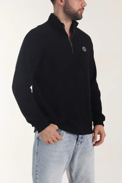 Siyah Yarım Fermuarlı Nakış Detaylı Erkek Sweatshirt 406849