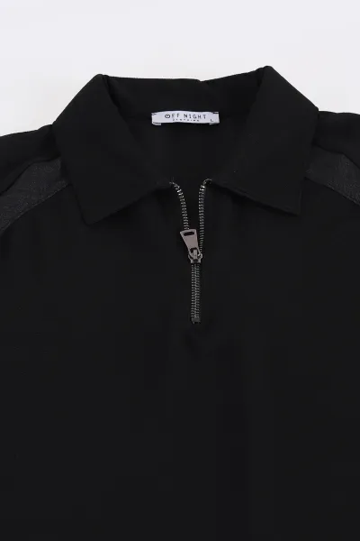 Siyah Yarım Fermuarlı Polo Yaka Erkek Sweatshirt 397124