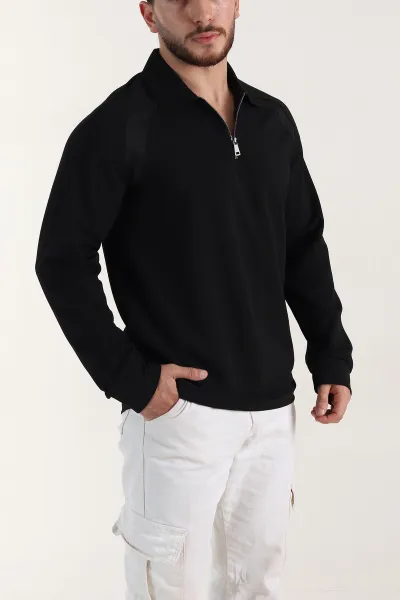 Siyah Yarım Fermuarlı Polo Yaka Erkek Sweatshirt 397124