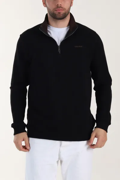 Siyah Yarım Fermuarlı Polo Yaka Erkek Sweatshirt 410876