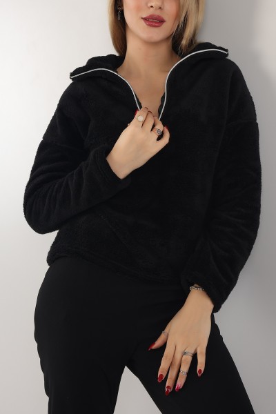 Siyah Yarım Fermuarlı Yumoş Sweat 153482