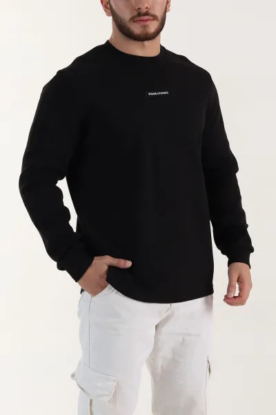 Siyah Yazı Detaylı Bisiklet Yaka Erkek Sweatshirt 396908