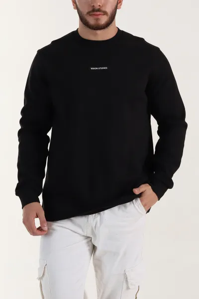 Siyah Yazı Detaylı Bisiklet Yaka Erkek Sweatshirt 396908