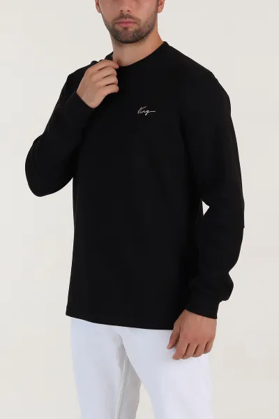 Siyah Yazı Detaylı Bisiklet Yaka Erkek Sweatshirt 396926