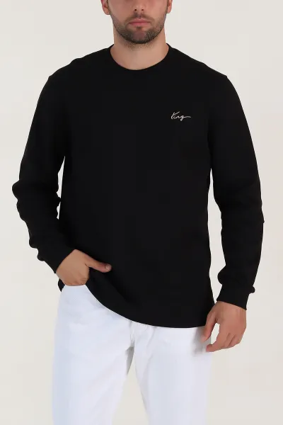 Siyah Yazı Detaylı Bisiklet Yaka Erkek Sweatshirt 396926